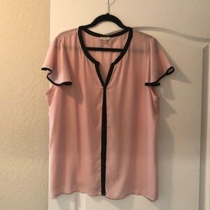 Pink semi sheer short sleeve blouse with black trim